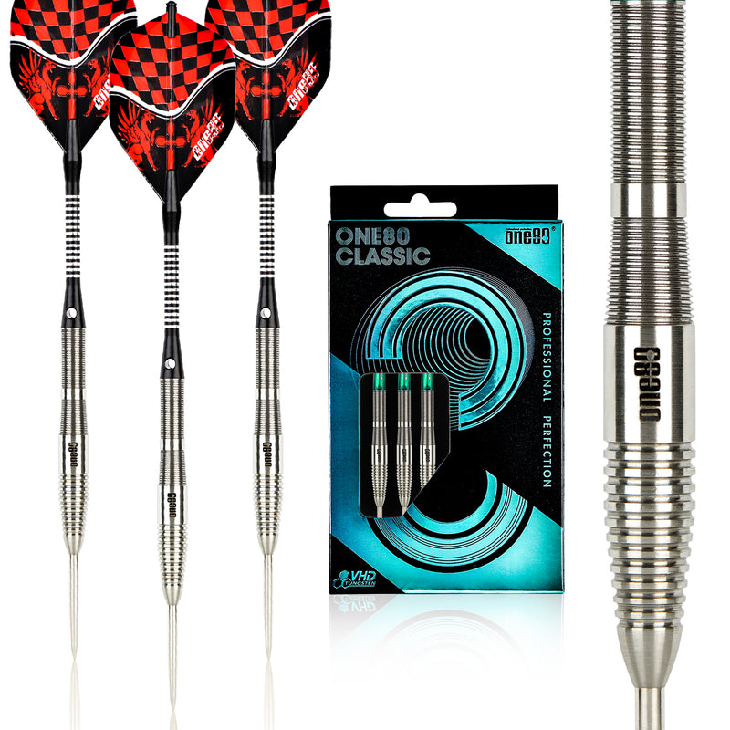 Load image into Gallery viewer, ONE80 Profi-Dartpfeile aus Tungsten – Steeldarts mit Metallspitze, Flights & Shafts im Set, 23g