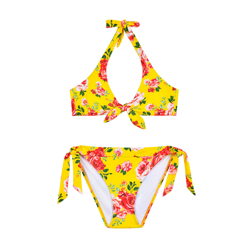 Laden Sie das Bild in Galerie -Viewer, Gelbes Triangel-Bikini-Set mit Blumenmuster und Fliege für Damen