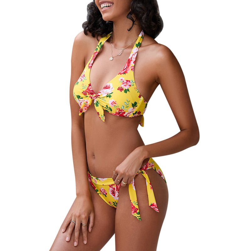 Laden Sie das Bild in Galerie -Viewer, Gelbes Triangel-Bikini-Set mit Blumenmuster und Fliege für Damen