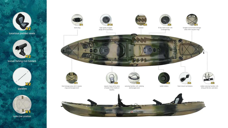 Laden Sie das Bild in Galerie -Viewer, WIN.MAX Whale Family Big Two Seater Fishing Kayak mit 2 Kombi-Paddeln